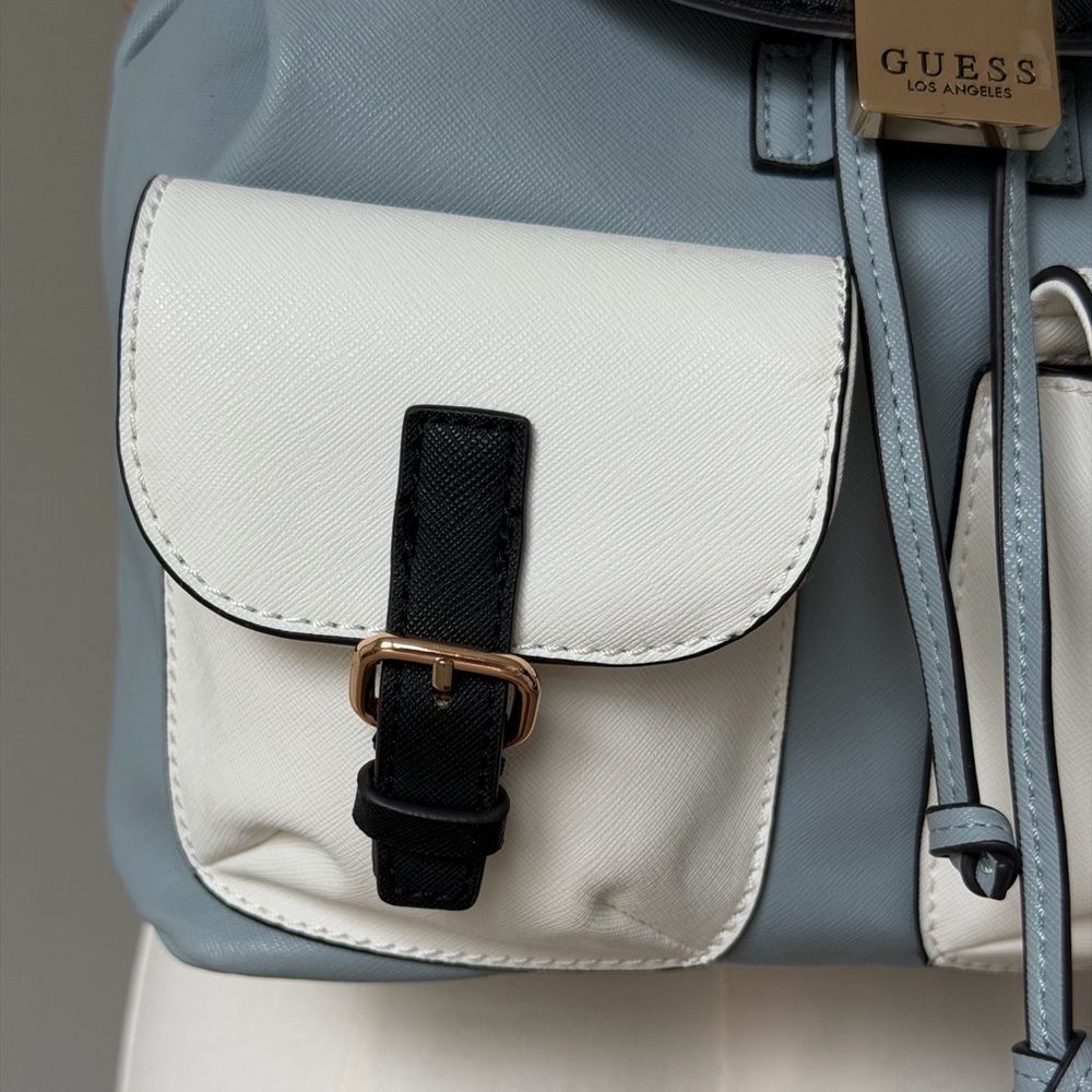 Everyday GUESS Gammill White, Light Blue & Black Dual Buckled Pockets Backpack - Picture 5 of 16